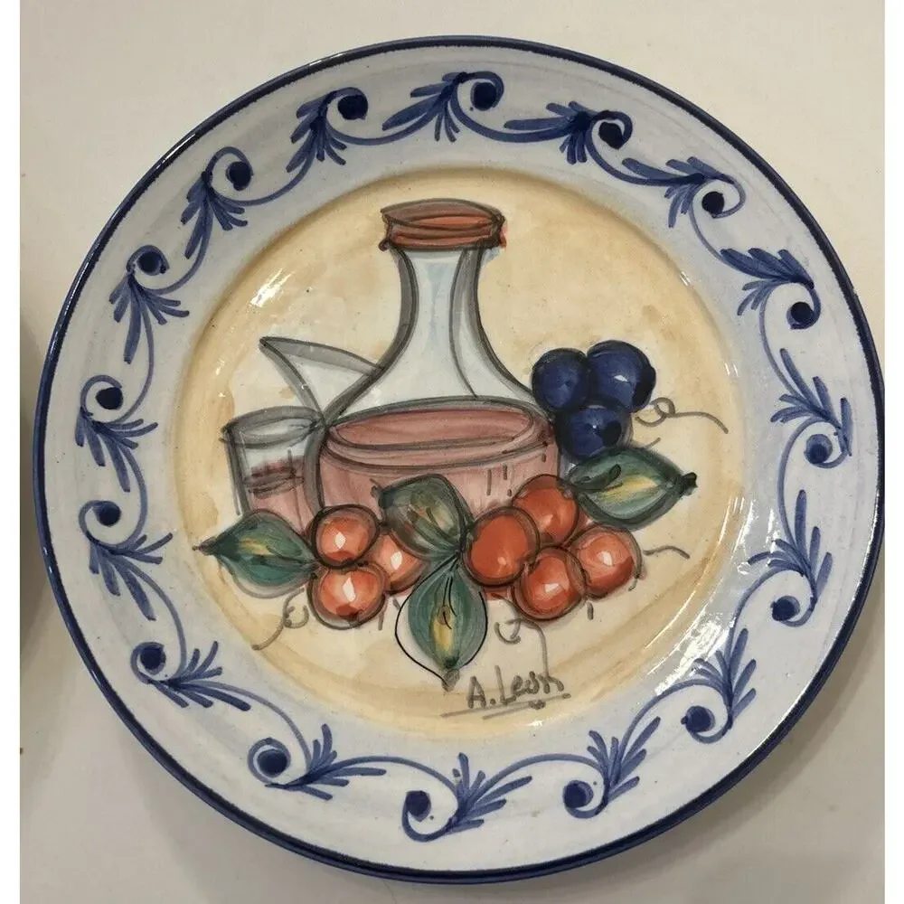 Blue & White wall Fruit Wine Plates 8”‎ Chinoiserie Kitchen Hand painted Signed